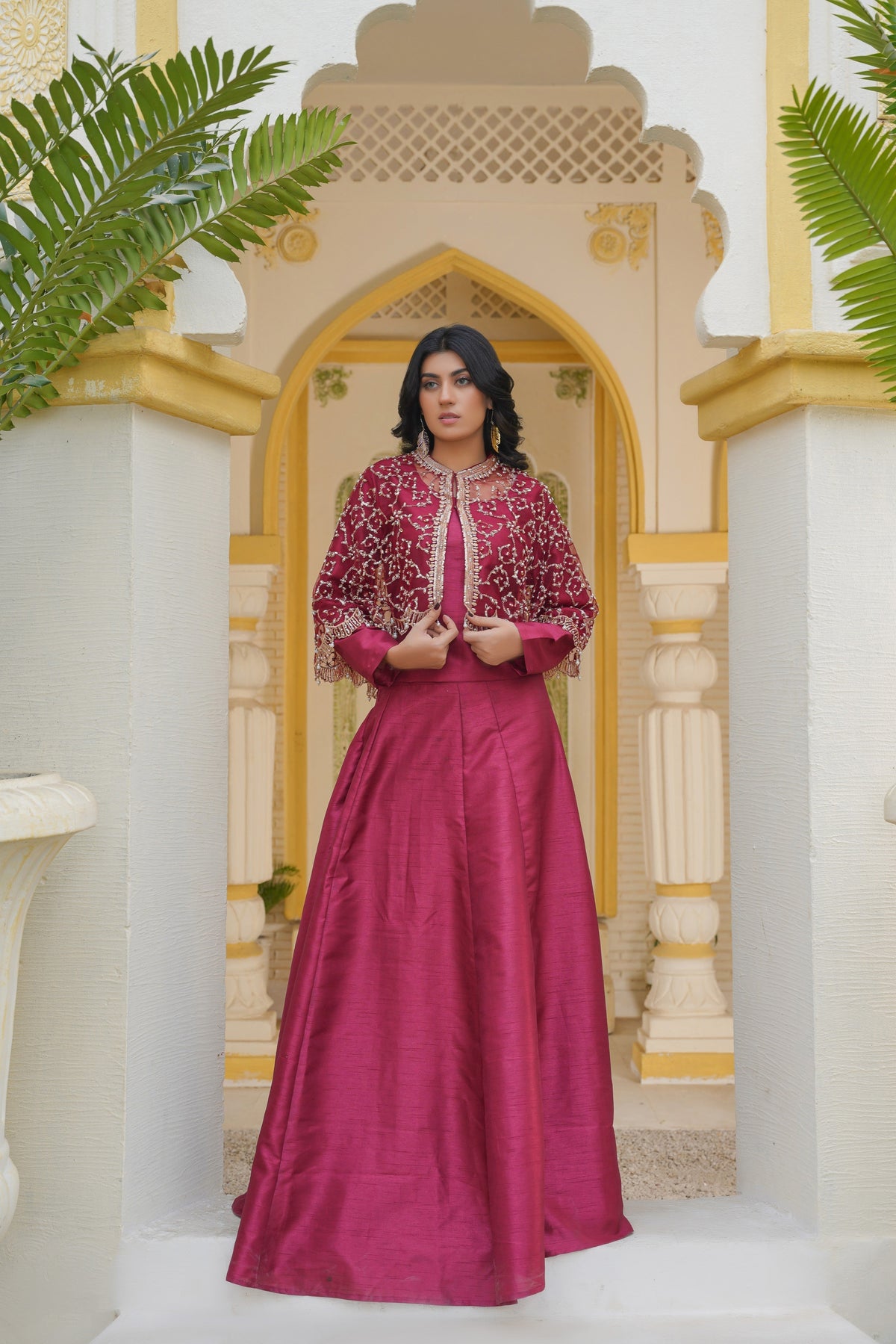 Regal in Ruby Maroon Gilded Elegance Cape & Embellished Lehnga and Choli