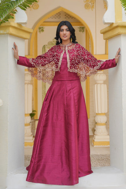Regal in Ruby Maroon Gilded Elegance Cape & Embellished Lehnga and Choli