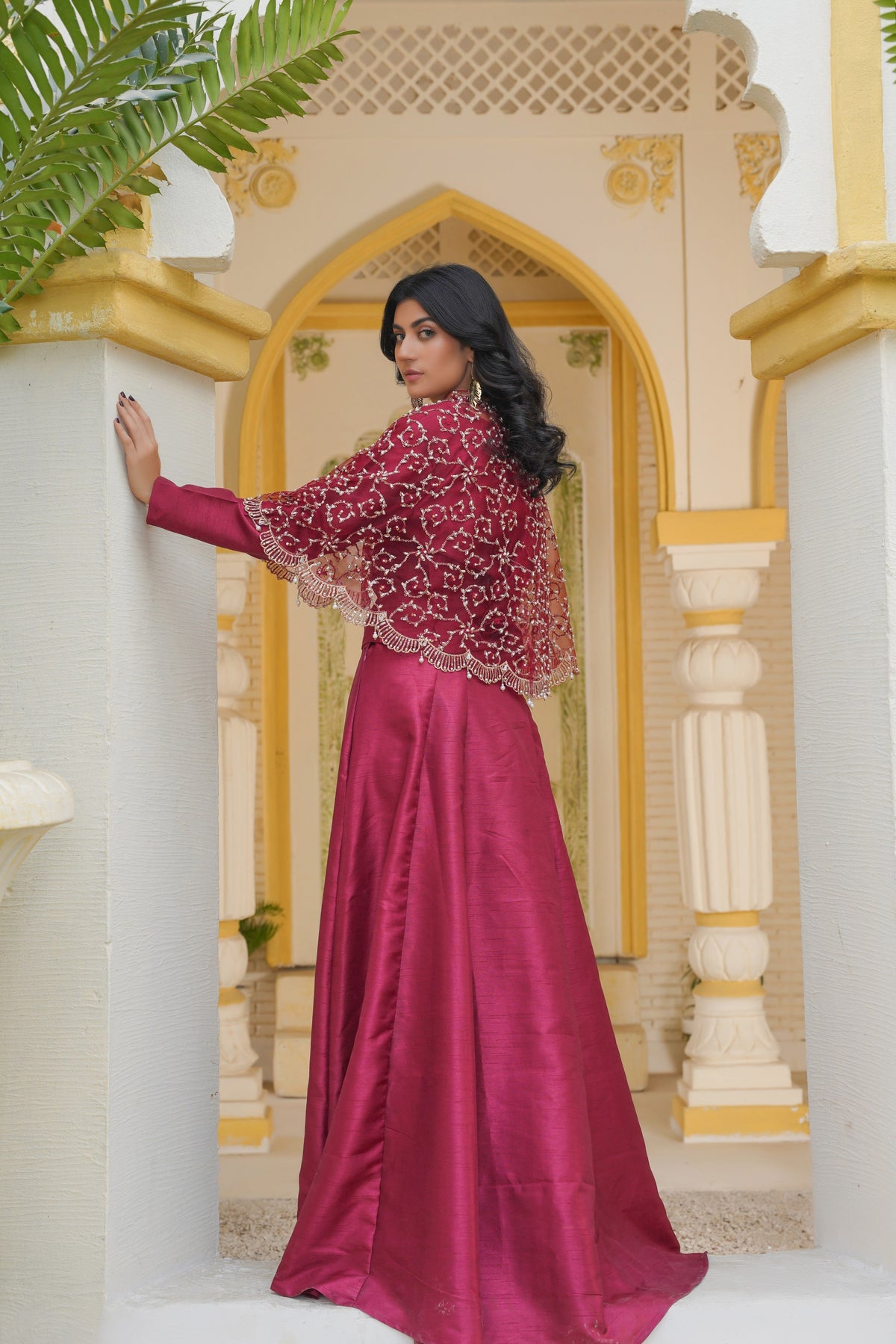Regal in Ruby Maroon Gilded Elegance Cape & Embellished Lehnga and Choli