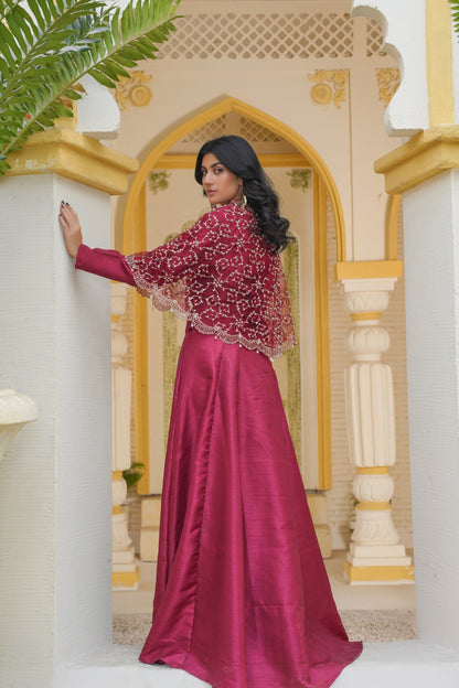 Regal in Ruby Maroon Gilded Elegance Cape & Embellished Lehnga and Choli