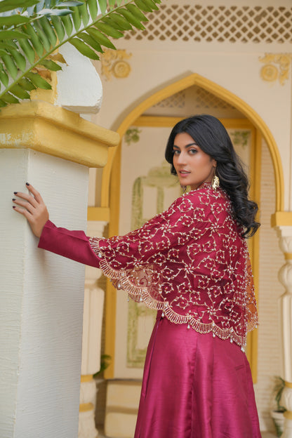 Regal in Ruby Maroon Gilded Elegance Cape & Embellished Lehnga and Choli