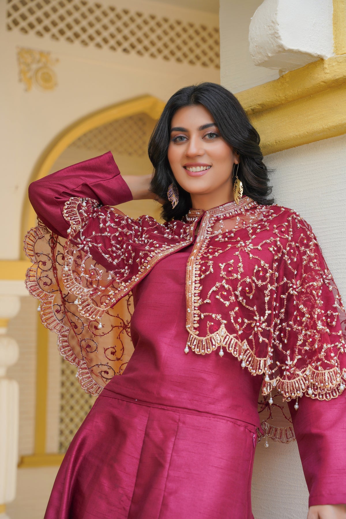 Regal in Ruby Maroon Gilded Elegance Cape & Embellished Lehnga and Choli