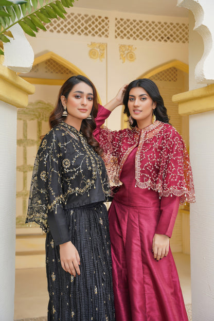 Regal in Ruby Maroon Gilded Elegance Cape & Embellished Lehnga and Choli