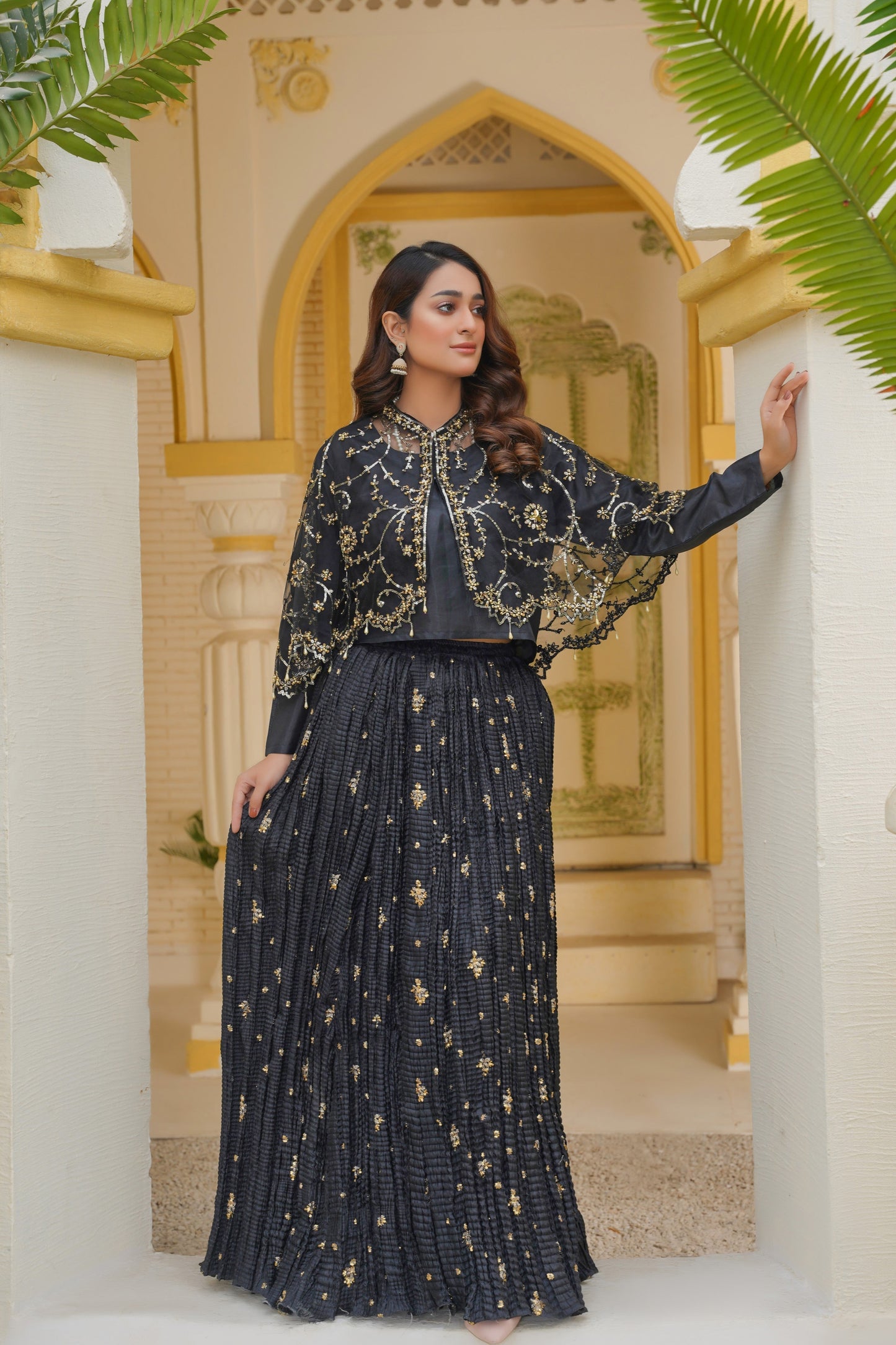Midnight Allure In Black Arora Allure Cape & Embellished Crush Handwork Lehnga and Blouse (Choli)
