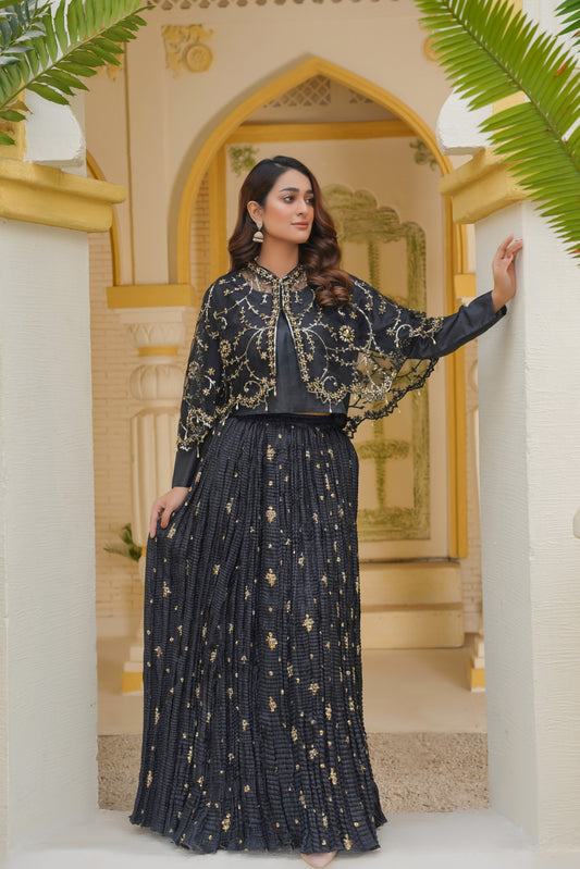 Midnight Allure In Black Arora Allure Cape & Embellished Crush Handwork Lehnga and Blouse (Choli)