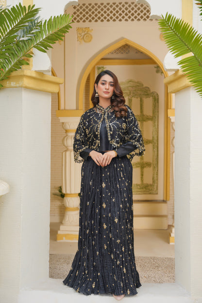 Midnight Allure In Black Arora Allure Cape & Embellished Crush Handwork Lehnga and Blouse (Choli)