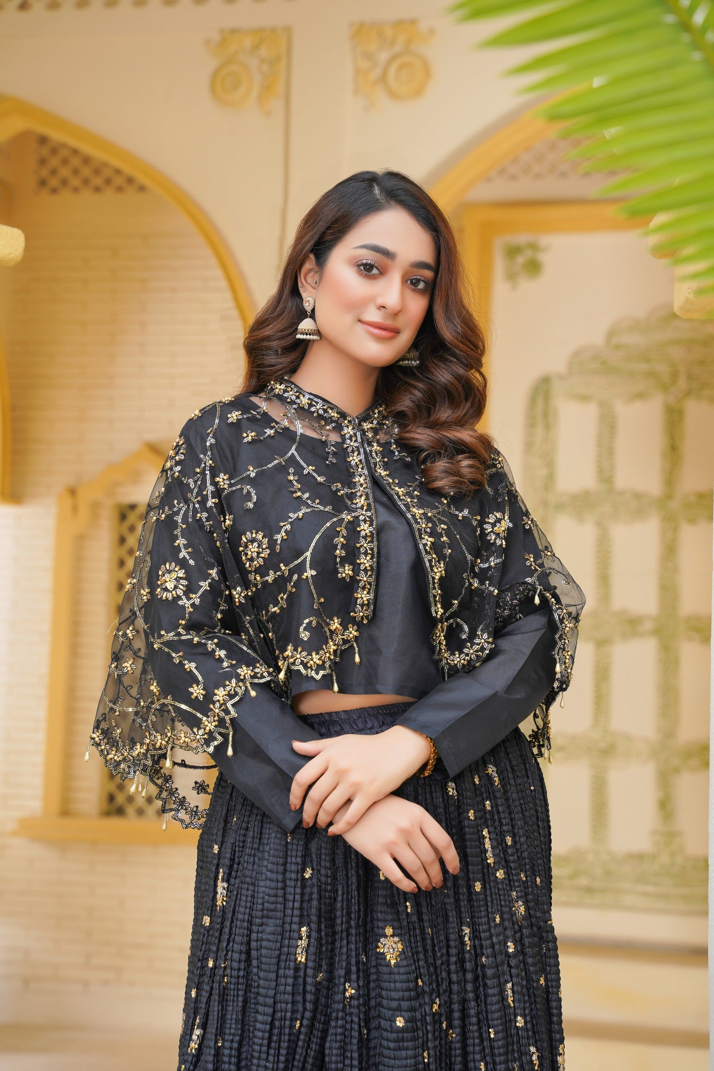 Midnight Allure In Black Arora Allure Cape & Embellished Crush Handwork Lehnga and Blouse (Choli)