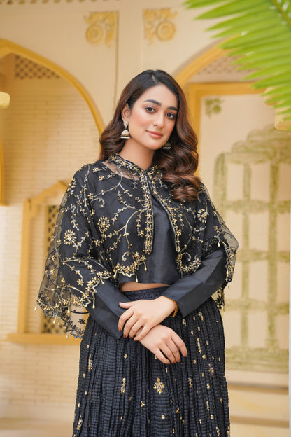 Midnight Allure In Black Arora Allure Cape & Embellished Crush Handwork Lehnga and Blouse (Choli)