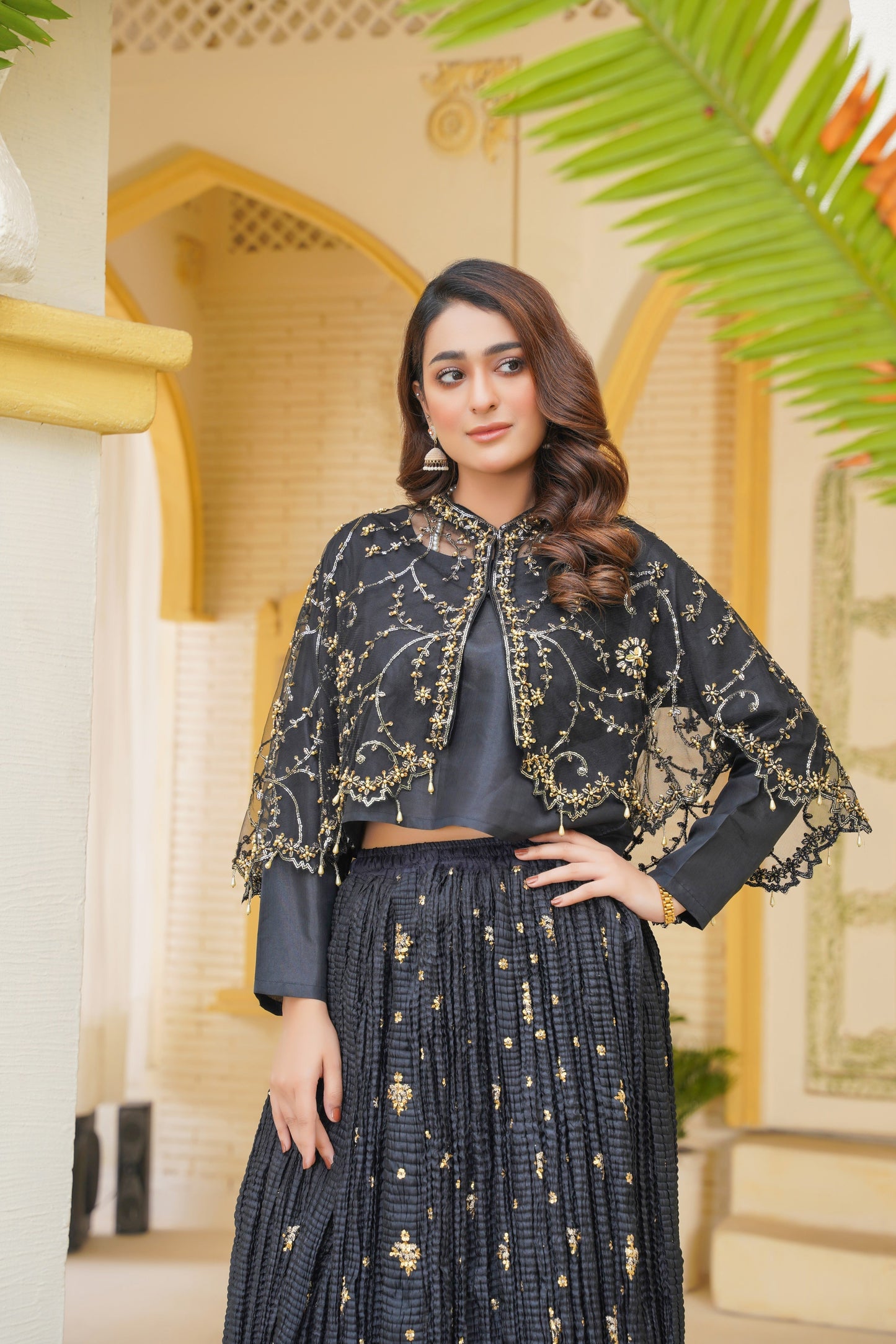 Midnight Allure In Black Arora Allure Cape & Embellished Crush Handwork Lehnga and Blouse (Choli)