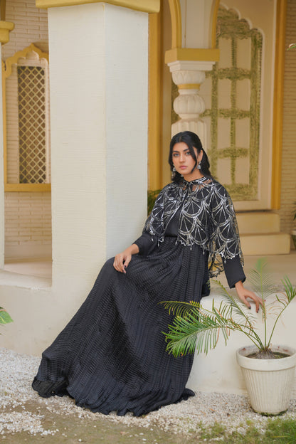 Midnight Majesty In Black Sitara Silhouettes Cape & Embellished Crush Flare Maxi