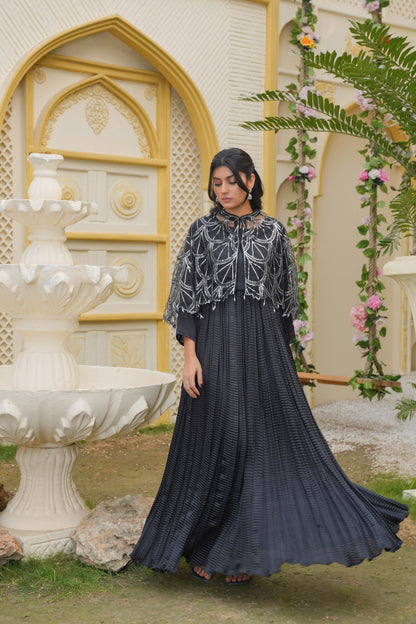 Midnight Majesty In Black Sitara Silhouettes Cape & Embellished Crush Flare Maxi