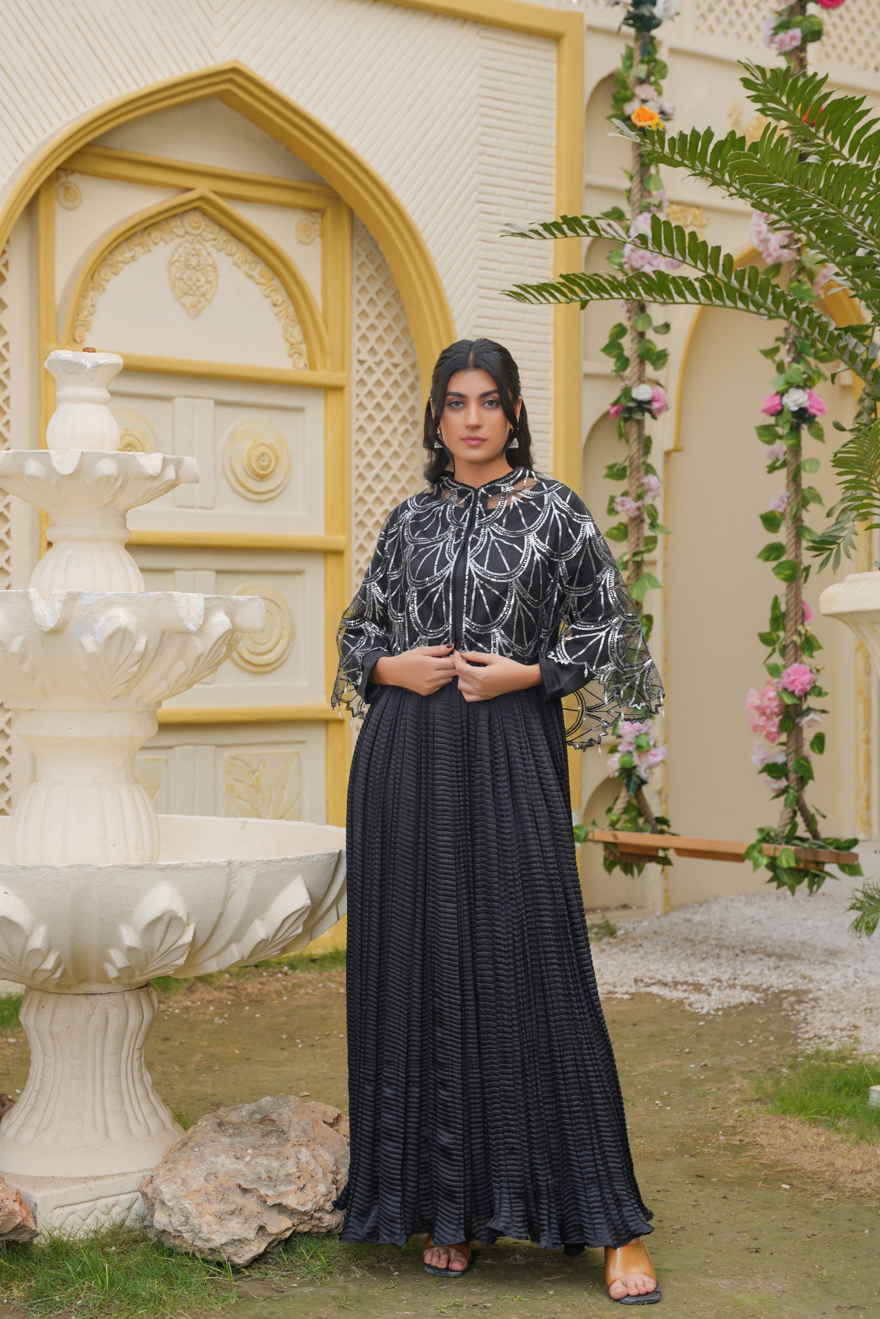 Midnight Majesty In Black Sitara Silhouettes Cape & Embellished Crush Flare Maxi