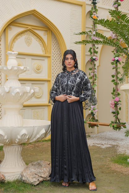 Midnight Majesty In Black Sitara Silhouettes Cape & Embellished Crush Flare Maxi