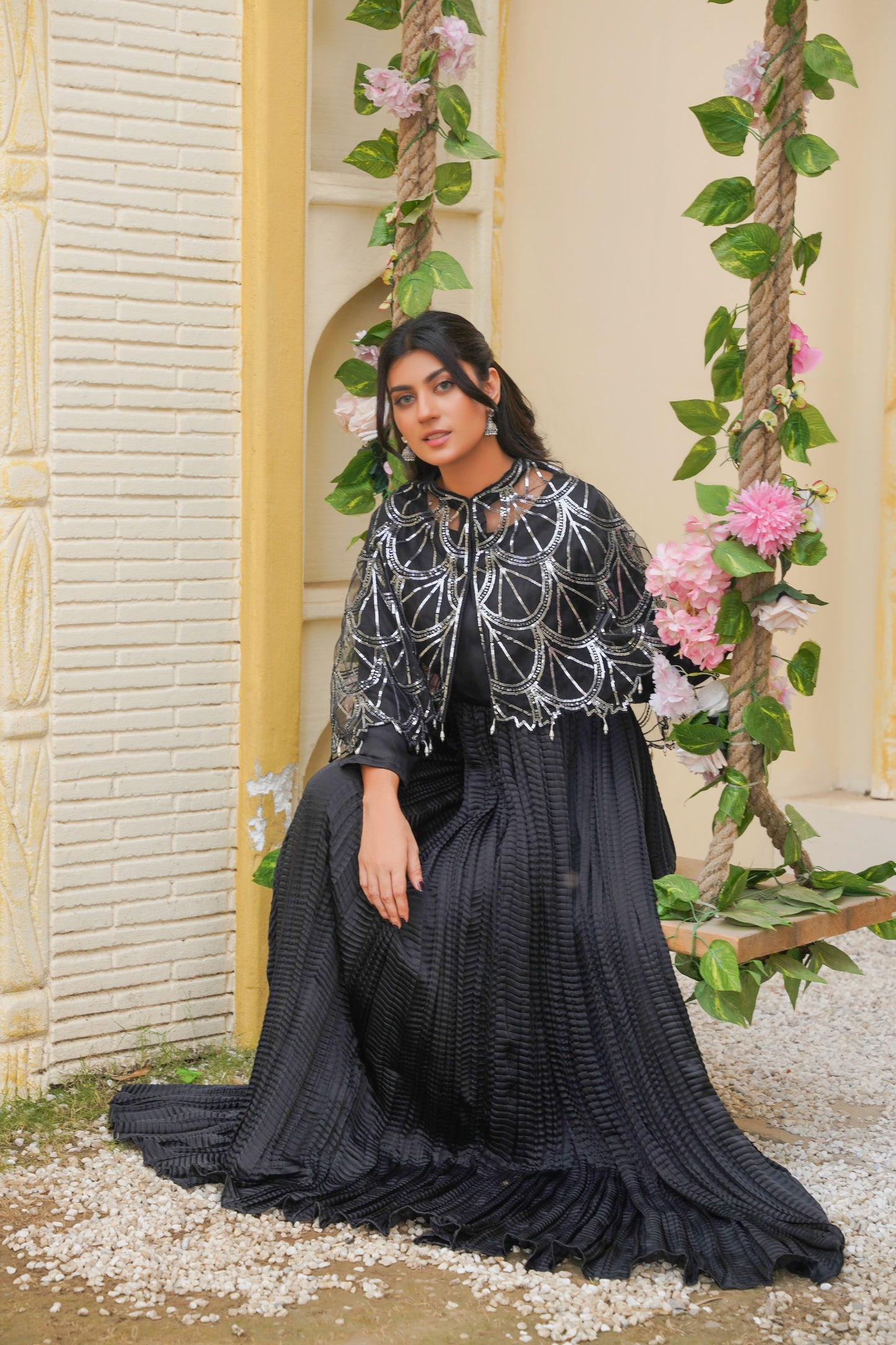 Midnight Majesty In Black Sitara Silhouettes Cape & Embellished Crush Flare Maxi