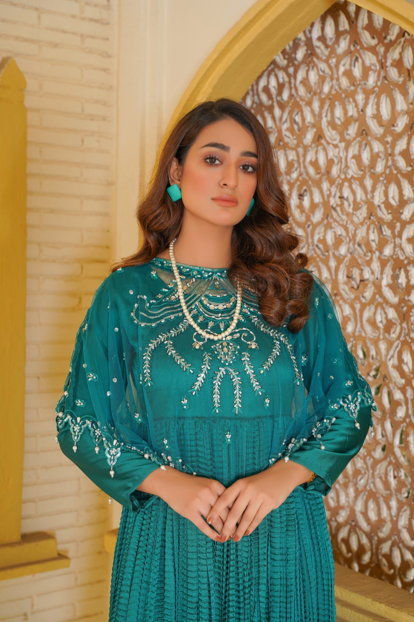 Glamour in Green Viora Majestic Cape & Embellished Crush Flare Maxi