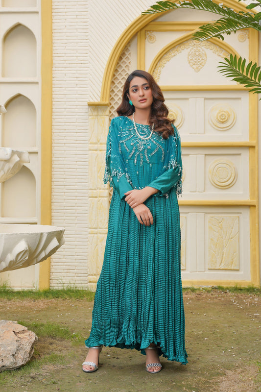 Glamour in Green Viora Majestic Cape & Embellished Crush Flare Maxi