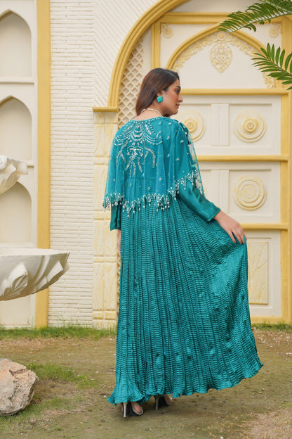 Glamour in Green Viora Majestic Cape & Embellished Crush Flare Maxi