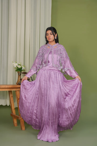 Embelish Lilac in Majestic Long Tail Cape paired with a stunning Lehnga Choli Crush Maxi