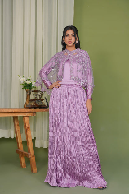 Embelish Lilac in Majestic Long Tail Cape paired with a stunning Lehnga Choli Crush Maxi