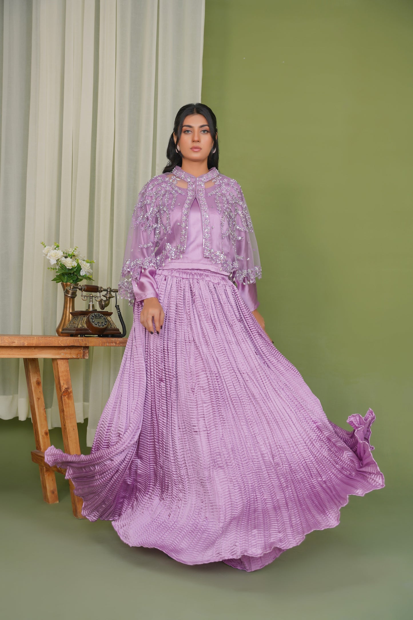 Embelish Lilac in Majestic Long Tail Cape paired with a stunning Lehnga Choli Crush Maxi