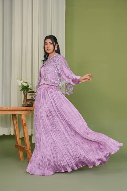 Embelish Lilac in Majestic Long Tail Cape paired with a stunning Lehnga Choli Crush Maxi