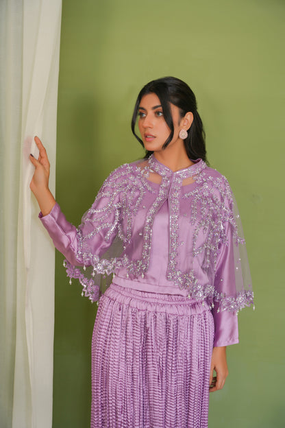 Embelish Lilac in Majestic Long Tail Cape paired with a stunning Lehnga Choli Crush Maxi
