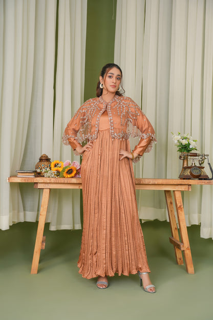 Radiance in Peach Majestic Cape & Embellished Crush Long Flare Maxi