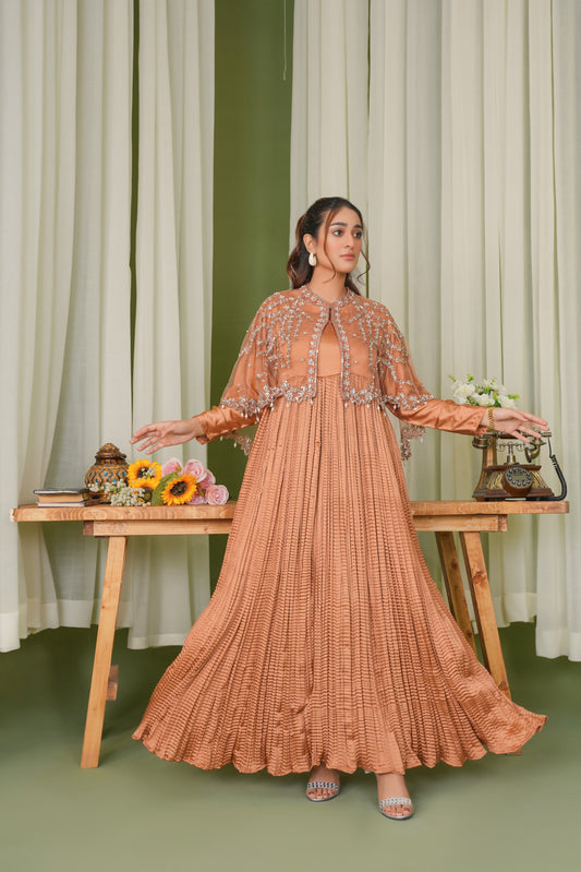 Radiance in Peach Majestic Cape & Embellished Crush Long Flare Maxi
