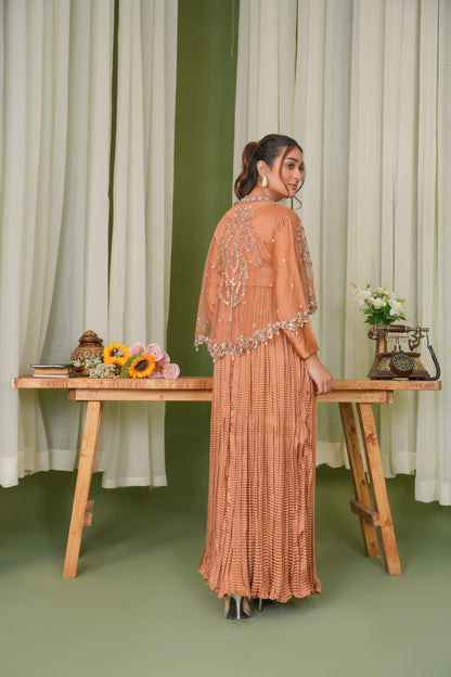 Radiance in Peach Majestic Cape & Embellished Crush Long Flare Maxi