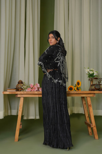 Eternal Night Black Majestic Long Tail Cape & Embellished Lehnga and Choli