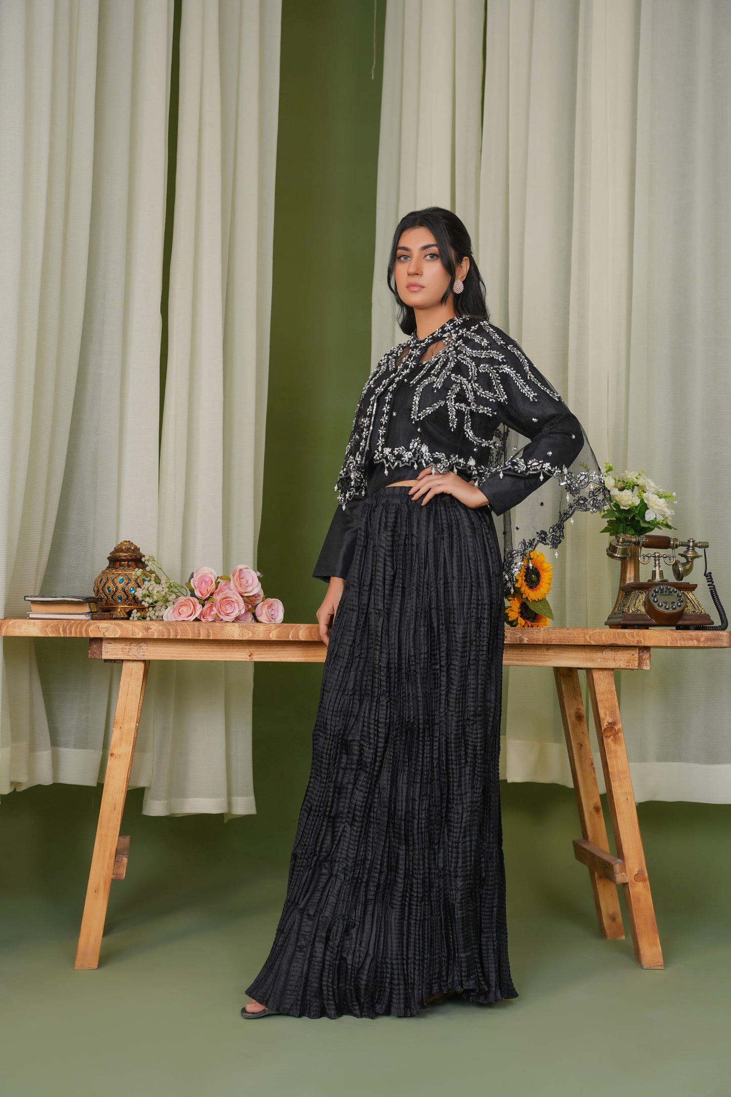 Eternal Night Black Majestic Long Tail Cape & Embellished Lehnga and Choli
