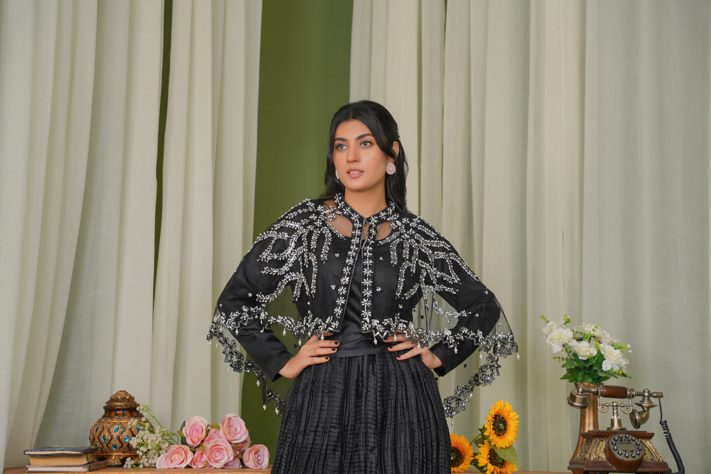 Eternal Night Black Majestic Long Tail Cape & Embellished Lehnga and Choli