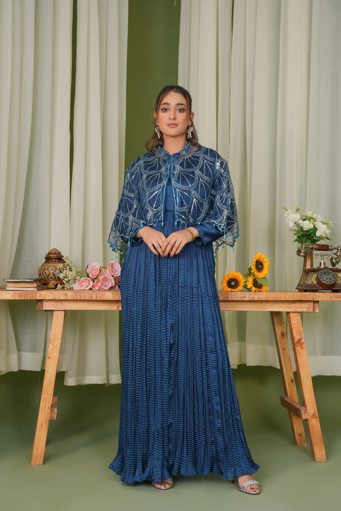 Stellar in Zinc With Sitara Silhouettes Cape & Embellished Crush Maxi