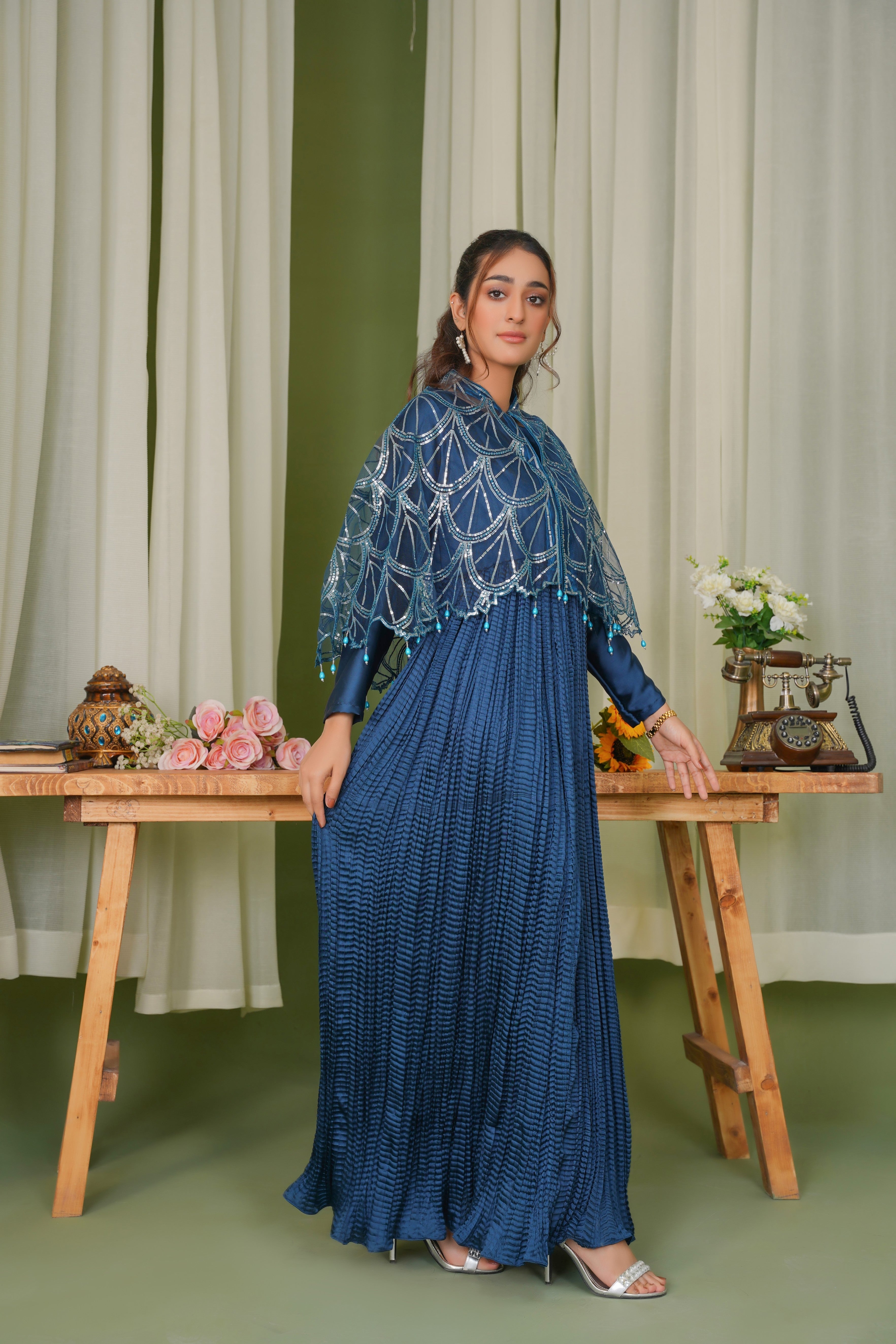 Stellar in Zinc With Sitara Silhouettes Cape & Embellished Crush Maxi