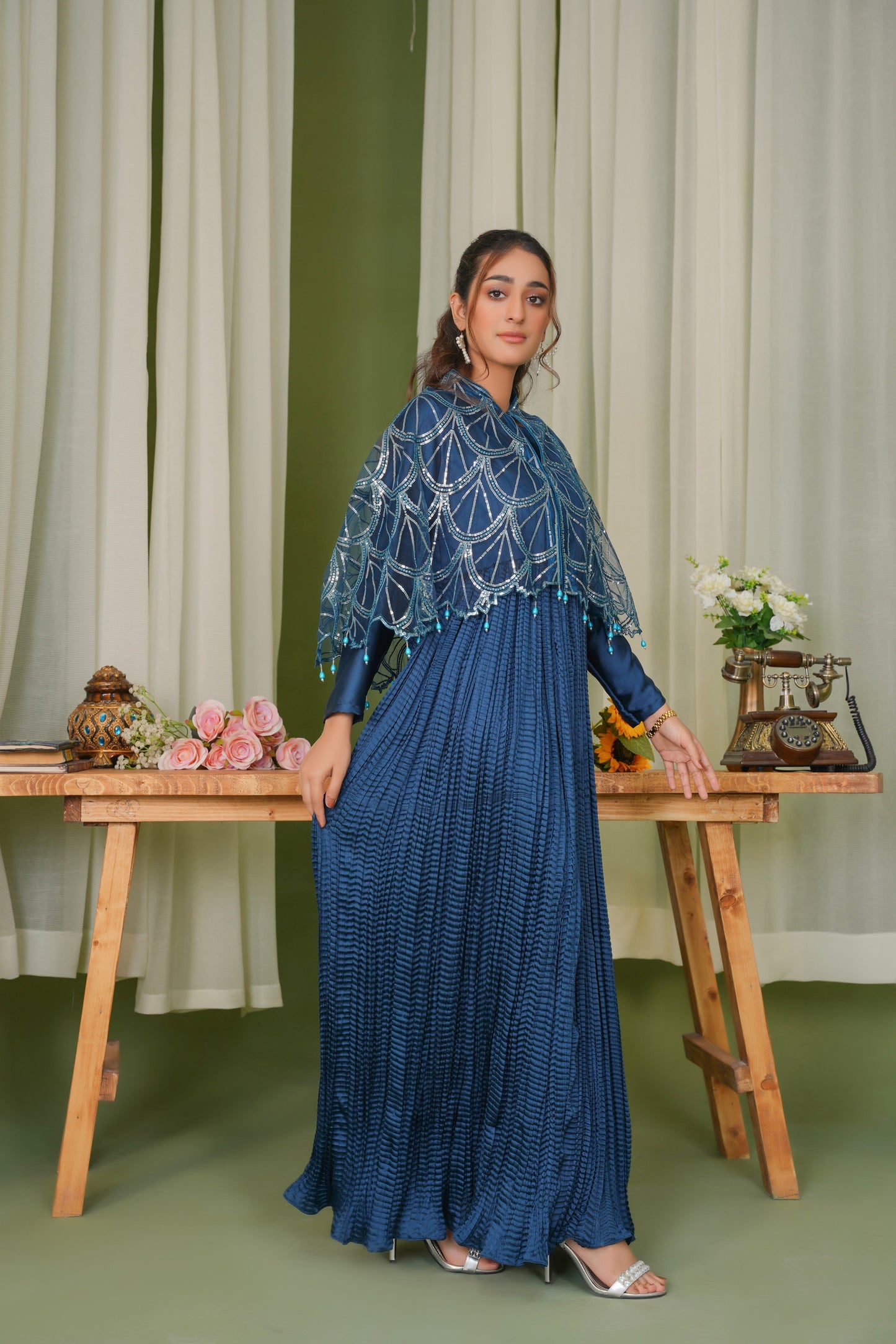 Stellar in Zinc With Sitara Silhouettes Cape & Embellished Crush Maxi