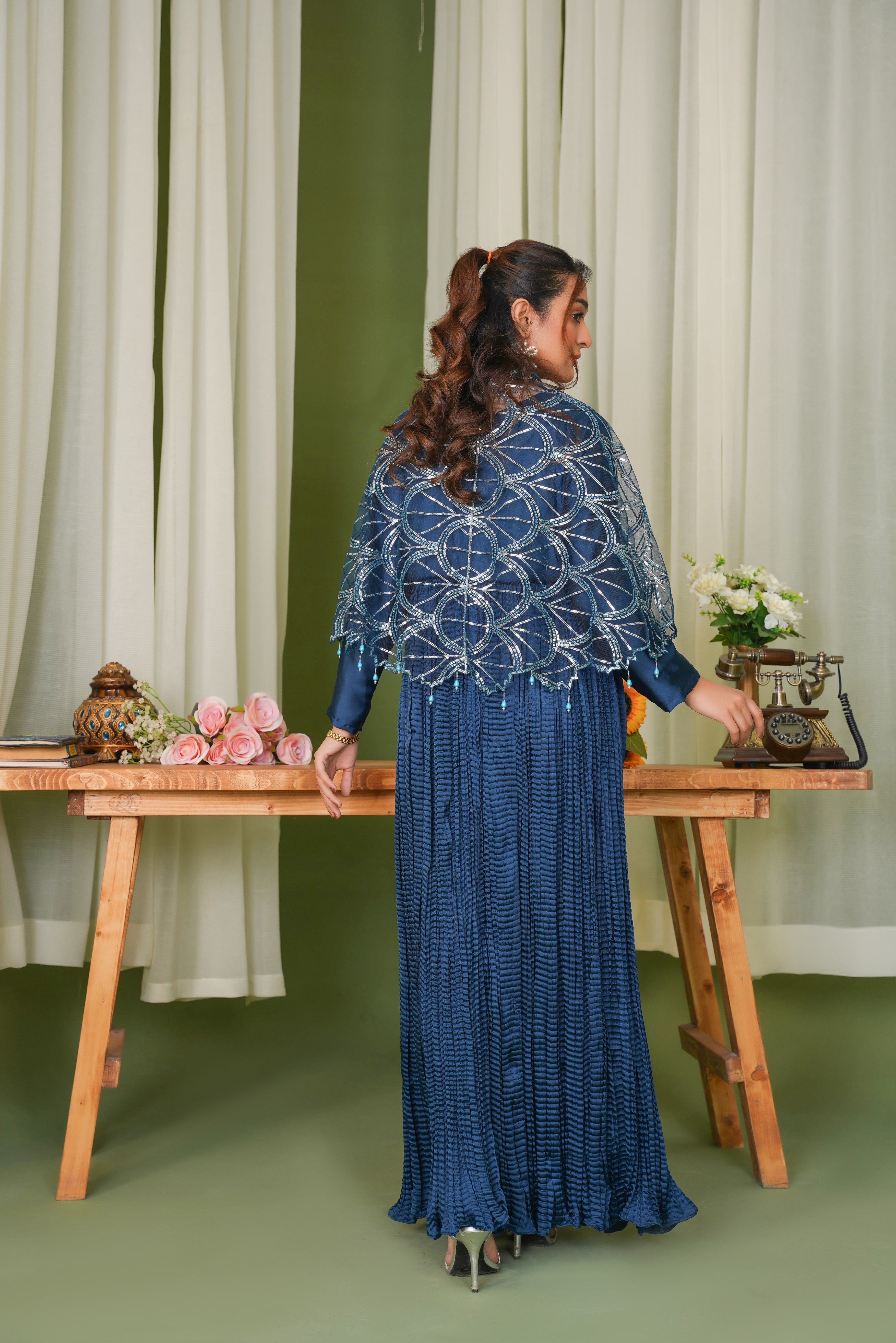 Stellar in Zinc With Sitara Silhouettes Cape & Embellished Crush Maxi