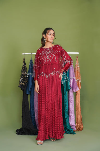 Regal in Rich Mehroon Viora Majestique Cape & Embellished Crush Flare Maxi