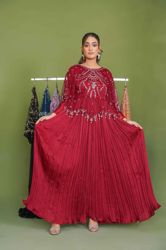 Regal in Rich Mehroon Viora Majestique Cape & Embellished Crush Flare Maxi