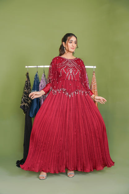 Regal in Rich Mehroon Viora Majestique Cape & Embellished Crush Flare Maxi