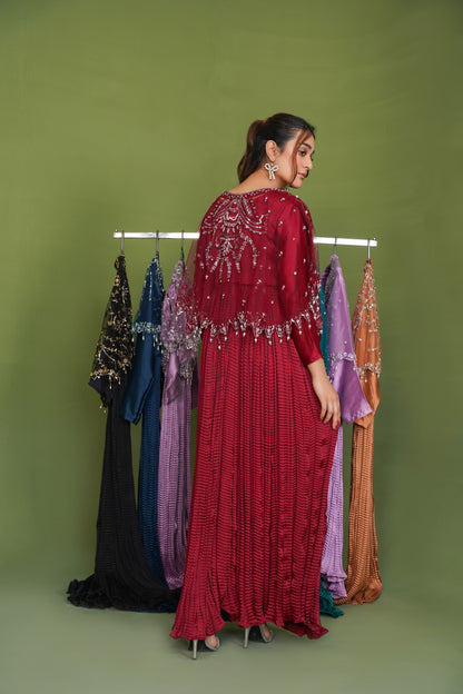 Regal in Rich Mehroon Viora Majestique Cape & Embellished Crush Flare Maxi