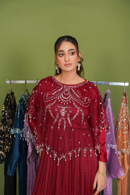 Regal in Rich Mehroon Viora Majestique Cape & Embellished Crush Flare Maxi