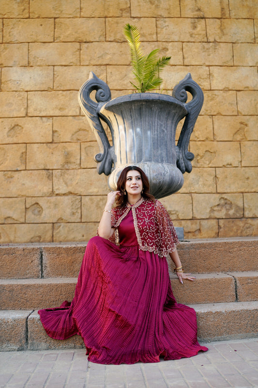 Elara Embellished Cape with Crush Maxi | Maroon Wedding Dress for Girls