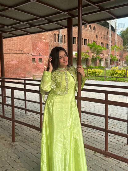 Embrace the enchantment in Pista Majestic Long Tail Cape with flarry maxi