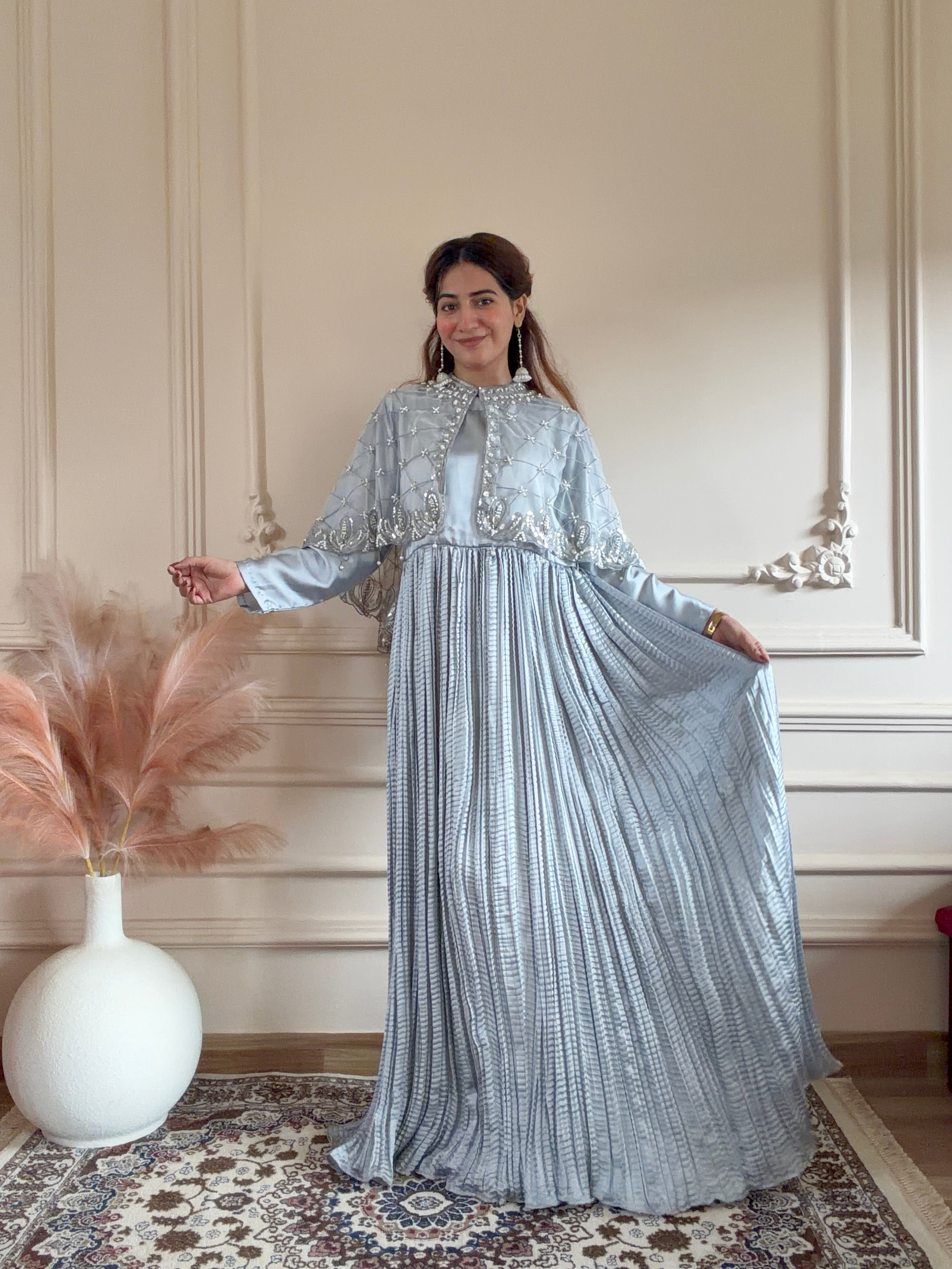 Regal Grid Silver Grey || Hand Embellished Cape with Crush Maxi