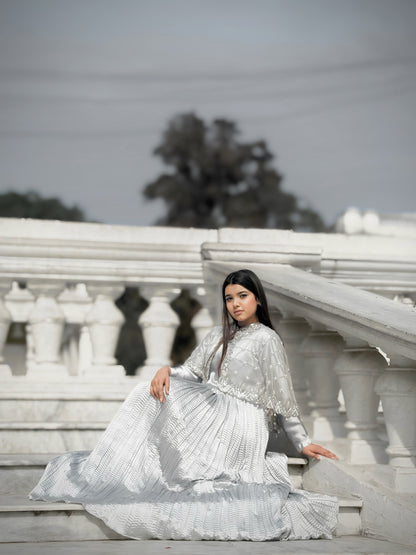 Regal Grid Silver Grey || Hand Embellished Cape with Crush Maxi