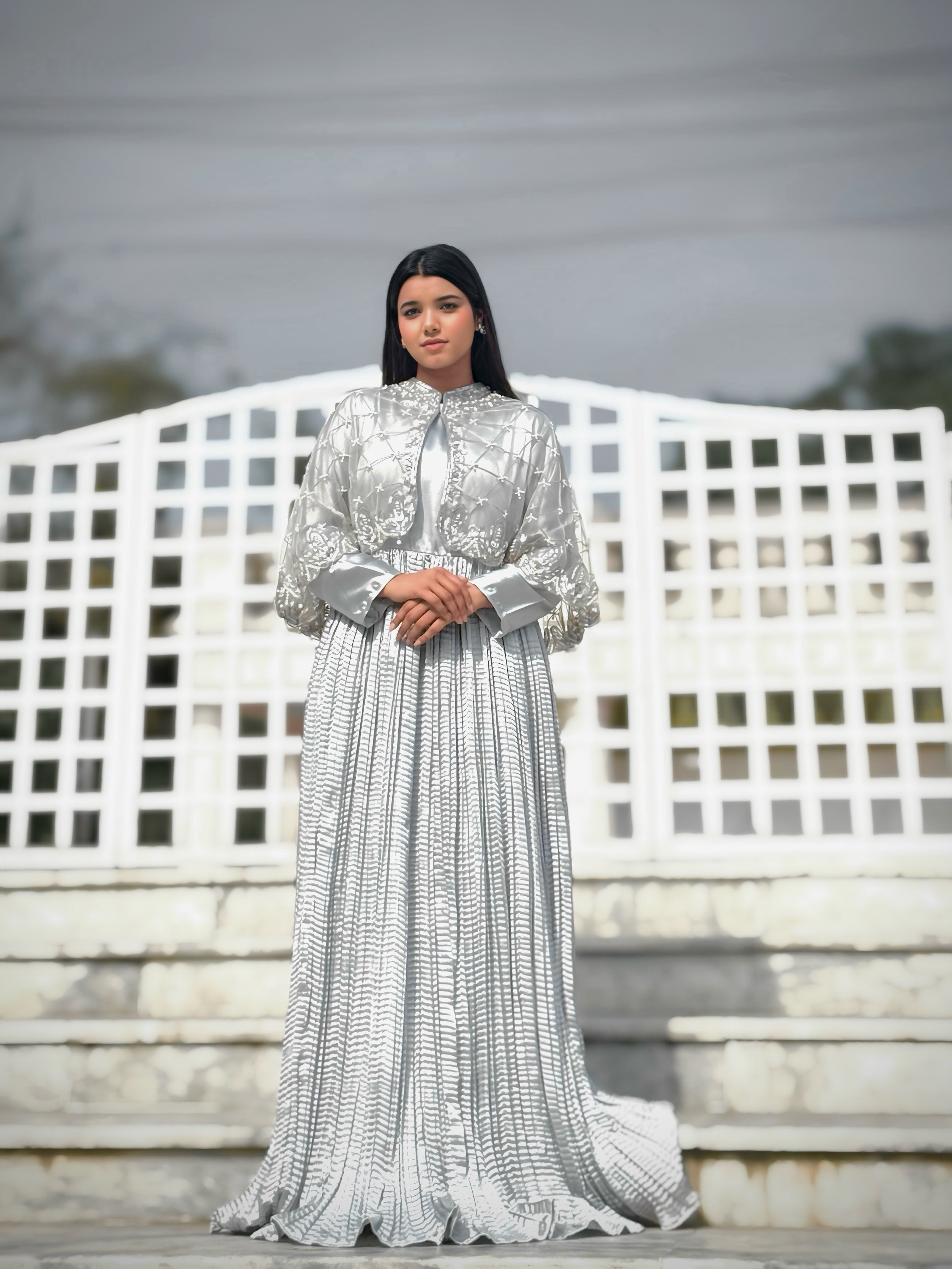 Regal Grid Silver Grey || Hand Embellished Cape with Crush Maxi