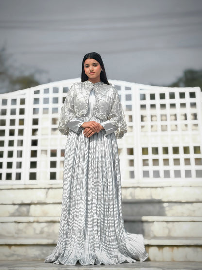 Regal Grid Silver Grey || Hand Embellished Cape with Crush Maxi
