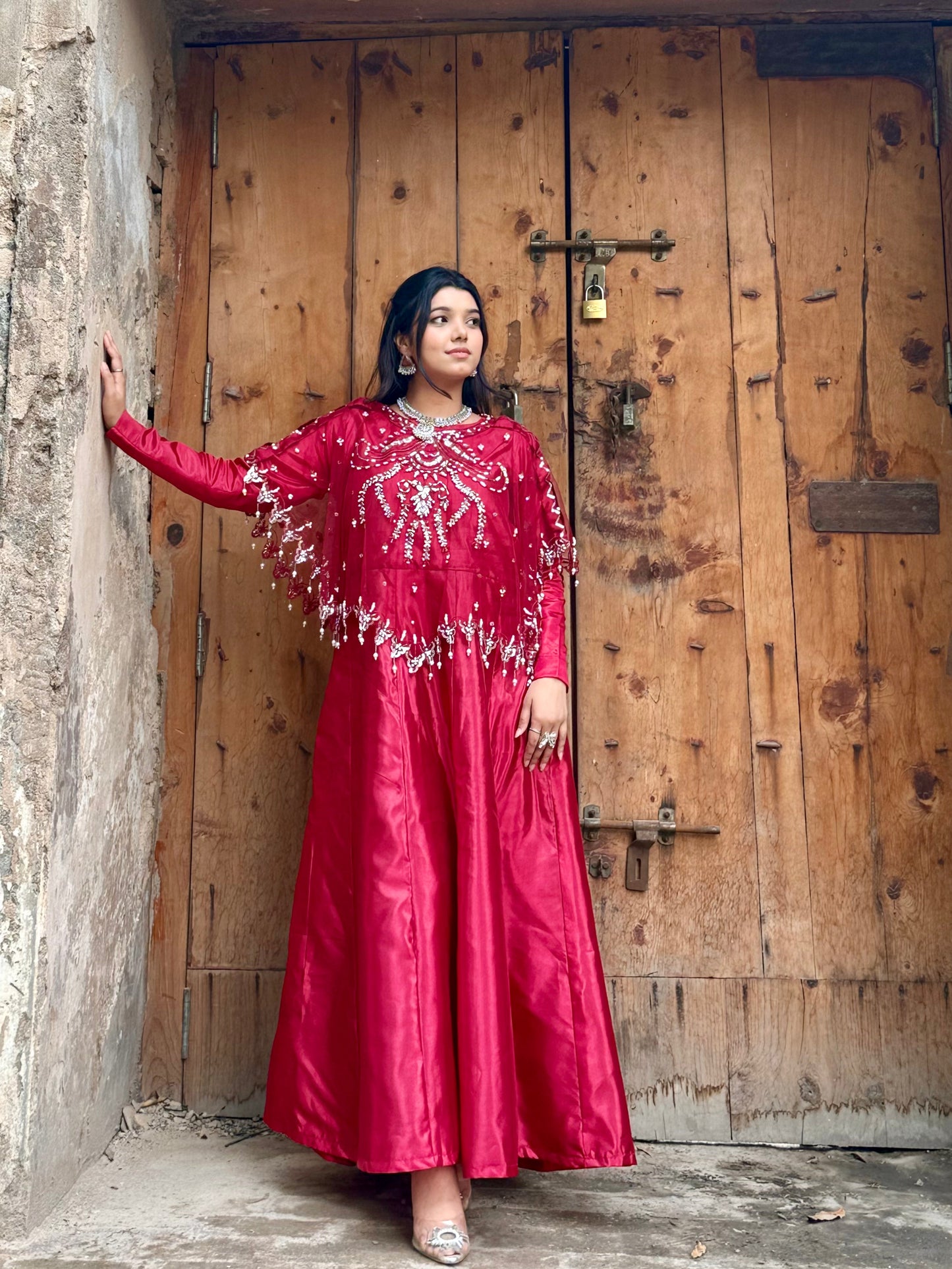 Regal in Rich Mehroon Viora Majestique Cape & Embellished Crush Flare Maxi