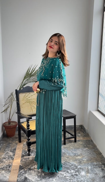 Glamour in Green Viora Majestic Cape & Embellished Crush Flare Maxi