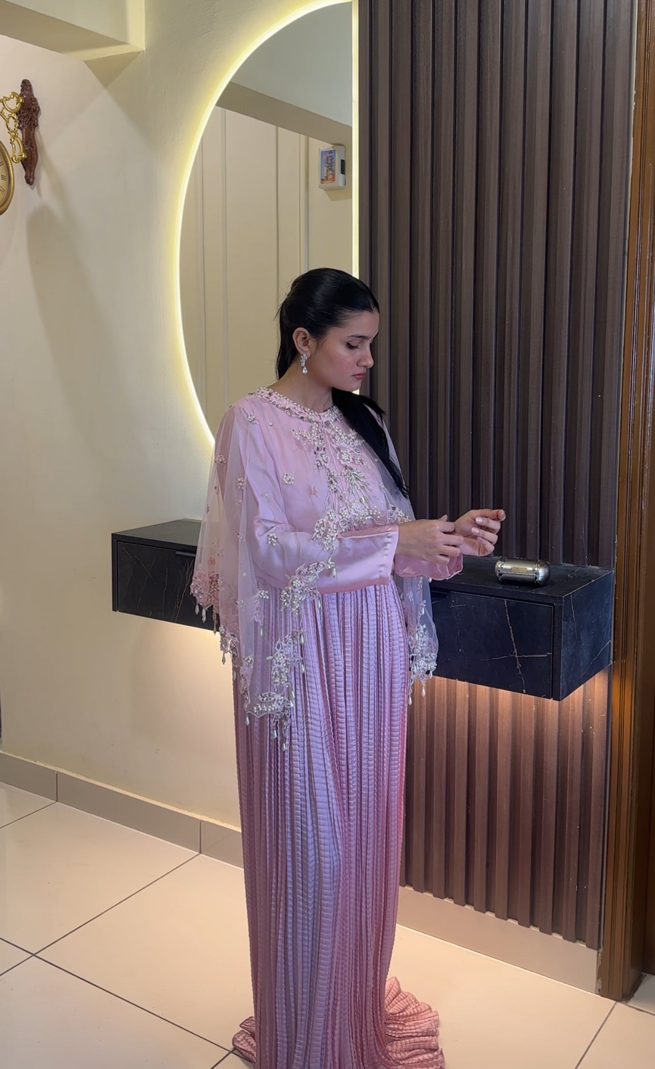 Resham Luxe Cape with Flary Crush Maxi – Baby Pink Thread Work with Silver Detailing | Net Cape & Silk Maxi | Heavy Flare | Formal Wear